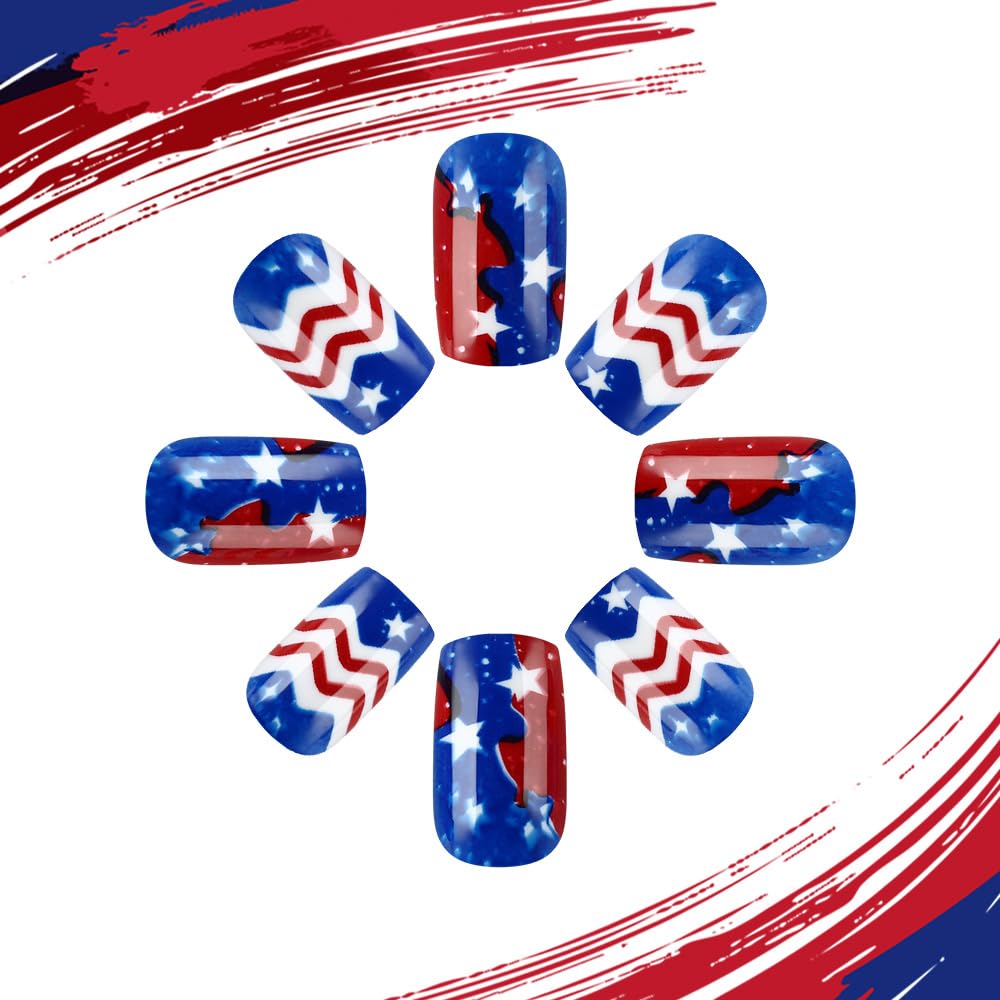 24 Pcs 4th of July Press On Nails Short Square,YEFIUO Blue Silver White Fake Nails Press ons Nail Art Tips Acrylic Nail Kit Glue on Nails Full Cover False Nails with Independence Day Design for Ma'am