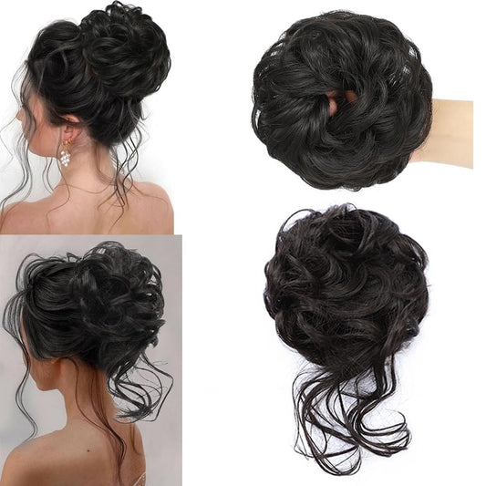 YOLANFAIRY 2PCS Messy Bun Hair Piece Wavy Curly Tousled Updo Hair Buns Synthetic Chignon Elastic Hair Band Fake Bun Hair Pieces for Women (Dark Brown, 2PCS Diverse)