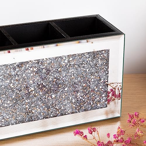 Mirrored Makeup Brush Holder Organizer with Crystals - Silver, 4 Compartments