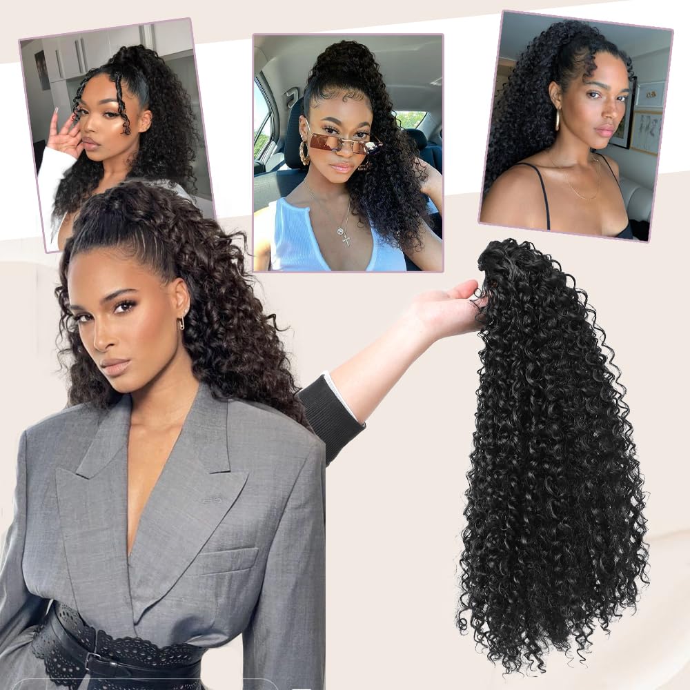 Drawstring Ponytail Extension for Black Women Deep Curly 20 Inch Afro Kinky Curly Clip in Pony Tails Hair Extensions Curly Synthetic Soft Fluffy Ponytail for Daily Use