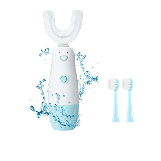 Meqtpomy Kids Electric Toothbrush，U Shaped Toothbrush Waterproof Battery Powered 360 Automatic Sonic Toddler Toothbrushes for 8-13 Years Old for Boys Girls ，with 2 Replacement Brush Heads（Blue）