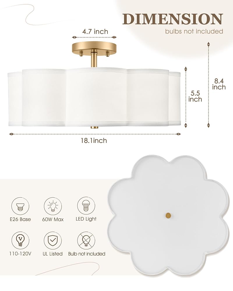 18" Gold Flower Shade Semi-Flush Mount Ceiling Light - 4x E26 Sockets