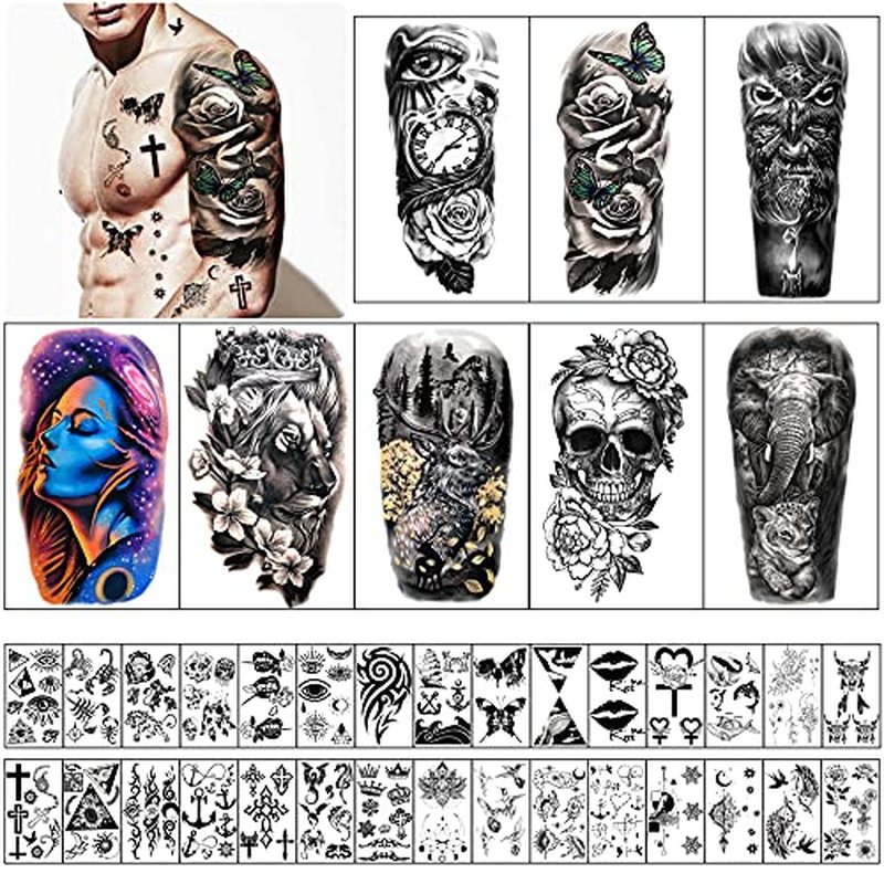 Extra Large Full Arm Waterproof Temporary Tattoos 8 Sheets and Half Arm Shoulder Tattoo 8 Sheets, Tiny 30sheets Lasting Tattoo Stickers for Girls Adult Women or Men (Total 46 sheets)