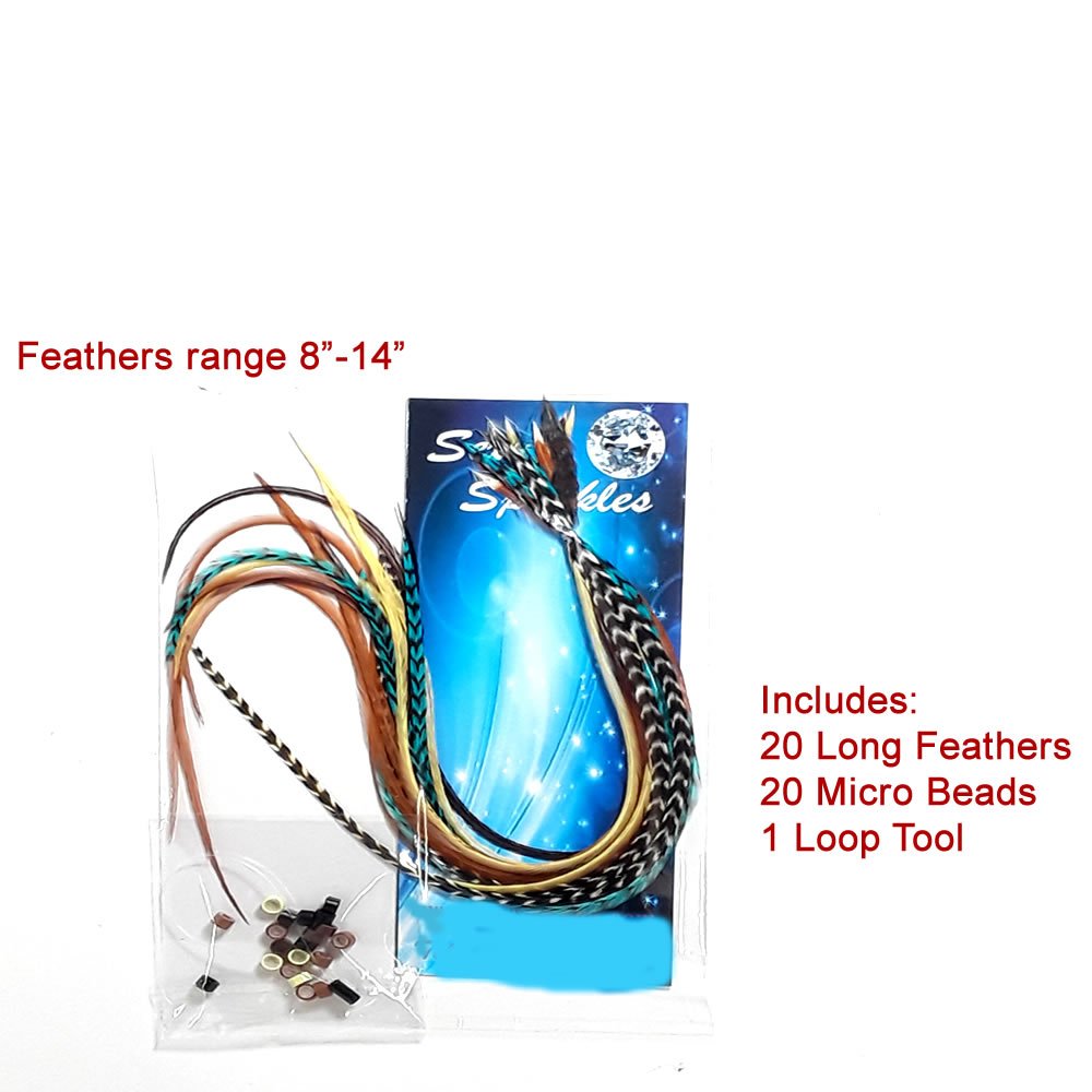 Sexy Sparkles - Feather Hair Extensions, 20 Hair Feathers 8-11 Inches with 20 Beads and Loop Tool Kit