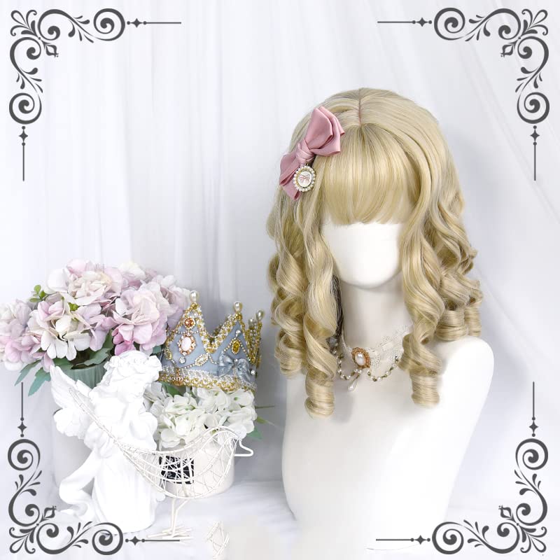 Women's Vintage Pearl Wig with Curls - Beige Gold Lolita Cosplay Hair