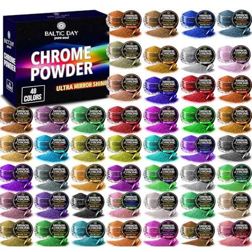BALTIC DAY Chrome Powder - 48 Color Artist Set for Nails & Resin | Metallic Mica Pigment Kit for Nail Techs, Resin Art & DIY Crafts