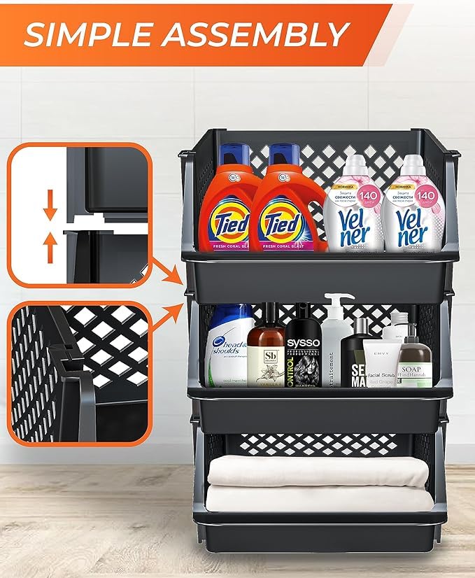 Black Stackable Storage Bins Open Front 6 Pack for Pantry Closet Organization - Skywin