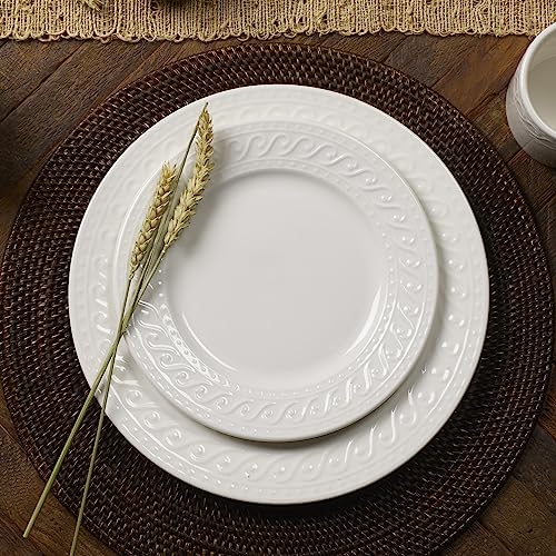 White Porcelain Dinnerware Set for 8 - 32 Pieces with Embossed Scrollwork