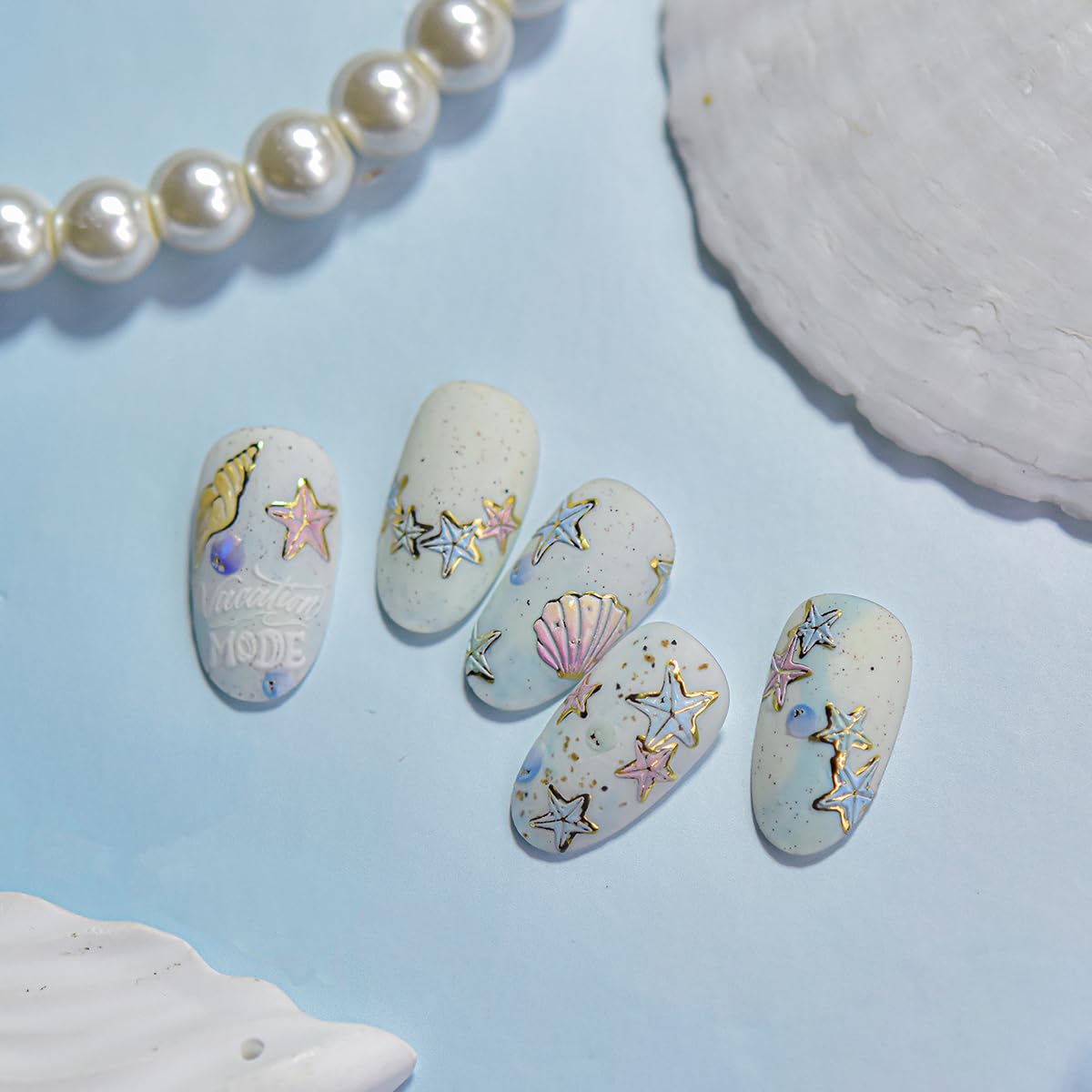 1 Sheet Marine Life Nail Stickers Shell Light Nail Design Stickers 5D Embossed Starfish Shell Self-Adhesive Nail Decal Acrylic Nails Art Supplies for Women DIY Summer Manicure Decoration