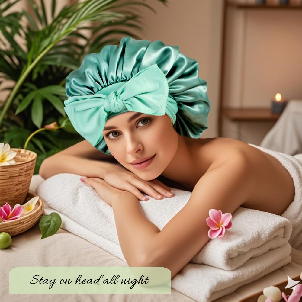 1+3 Large Satin Bonnets with Scrunchies for Women, Double Layer Hair Bonnet Tie Bonnet for Sleeping Braids Curly Hair, C