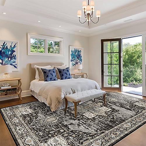 RUUGME 8x10 Black Washable Area Rug Vintage Style Non Slip Carpet for Living Room and Bedroom