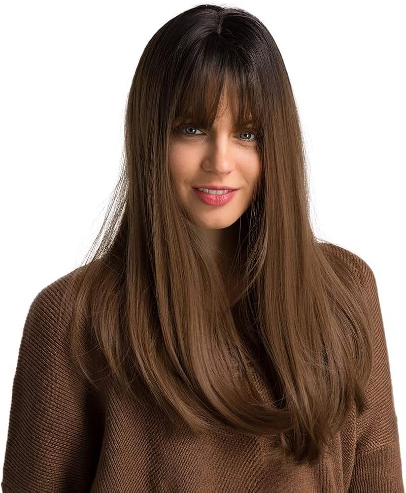 Esmee Long Straight Synthetic Brown Wig with Bangs - 20 Inch, Adjustable Cap, Cosplay & Fashion