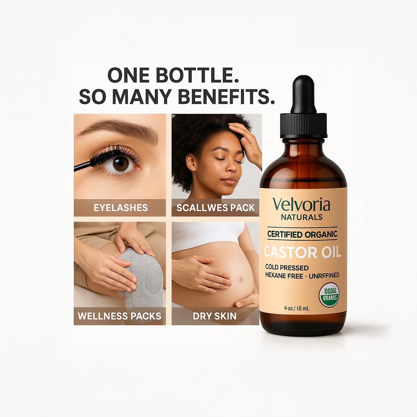 VELVORIA NATURALS Castor Oil Organic Cold Pressed Hexane Free - 4oz Glass Bottle. Pure Natural Oil for Hair, Eyelashes, Eyebrows.