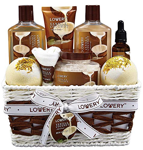 LOVERY Vanilla Coconut Spa Gift Basket for Women - 9 Piece Bath & Body Set, Luxurious Home Relaxation Gifts