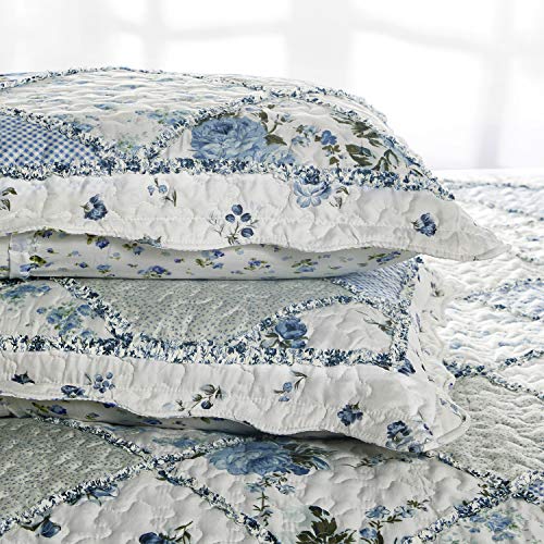 Oversized King Quilt Set 128x120 Blue Floral Patchwork Bedspread & Pillowcases