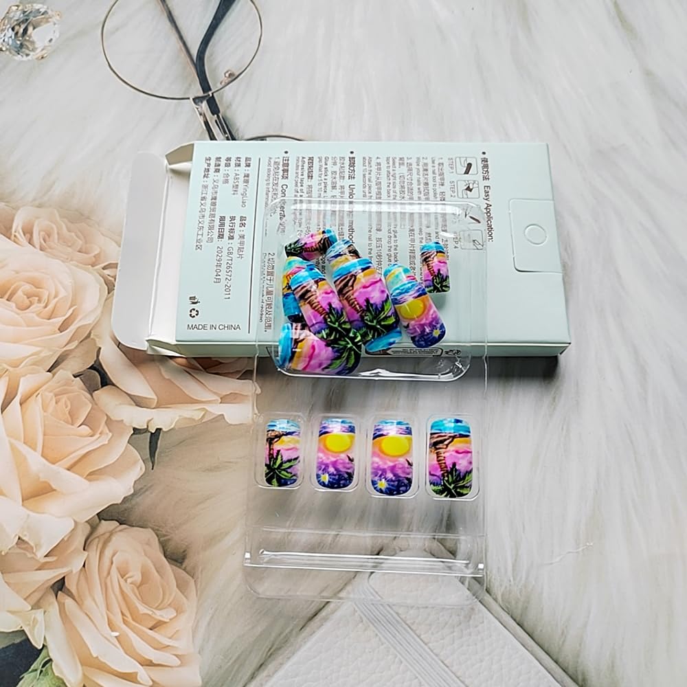 24 Pcs Summer Seaside Press on Nails Short Square,YIHONGYAN Fake Nails Press ons Colorful Sunset Coconut Tree Nail Tip Acrylic Set Glue on Nails Full Cover False Nails Glossy Stick on Nails for Women