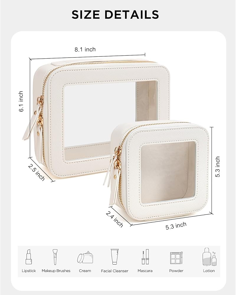 KOTORA White Clear Makeup Bag Set - 2 Pack Travel Cosmetic Pouches, PU Leather, TSA-Ready Car Organizer