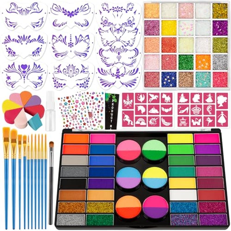 69 Colors Face Painting Kit for Kids - Non-toxic water-activated paint palette with glitter makeup palette, stencils, brushes, Gems, puff. for Kids Party Cosplay Halloween Christmas Carnival.
