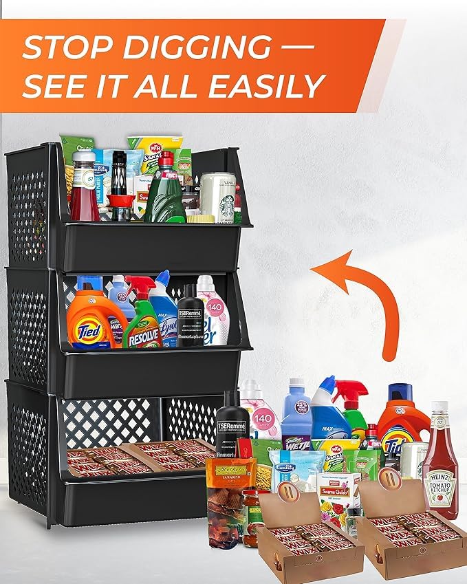 Black Stackable Storage Bins Open Front 6 Pack for Pantry Closet Organization - Skywin