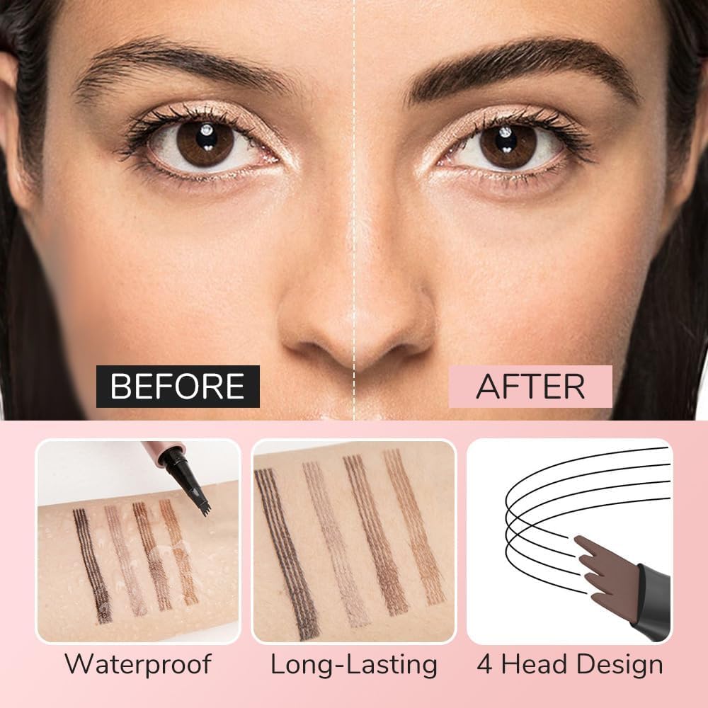 Eyebrow Pen, 2025 New Waterproof Microblading Eyebrow Pencil, 4 Tip Eye Brow Pen, Long-lasting Natural Eyebrow Makeup Fine Stroke Magic Eyebrow Pencil for Women (Gray)