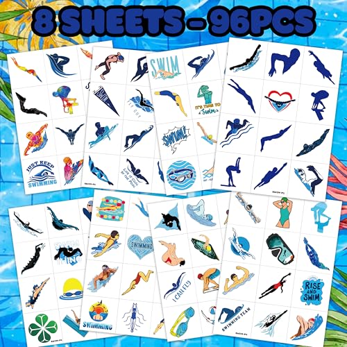 96 PCS Swimming Pre-Cut Temporary Tattoos Birthday Party Decorations Supplies Favors Swim Team Pool Waves Summer Beach Themed Decor Stickers Boys Girls Gift School Prizes Rewards