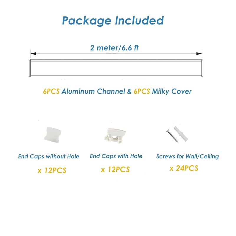 Plaster-in LED Aluminum Channel 6 Pack 2M Each - Diffuser Covers Included, Recessed Drywall