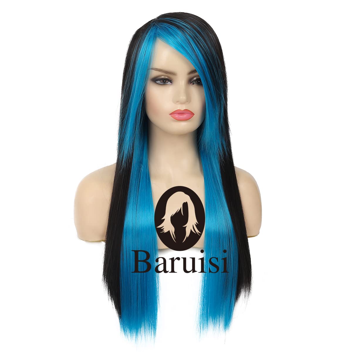 Silky Straight Long Red Black Wig with Side Bangs - Heat Resistant Synthetic Hair for Halloween