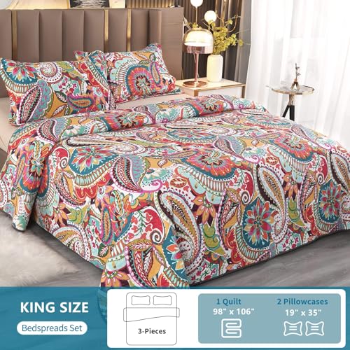 Boho King Size Cotton Quilt Set - Vibrant Paisley Coverlet with Pillow Shams, Variations of Orange, Red, Blue, Yellow, White