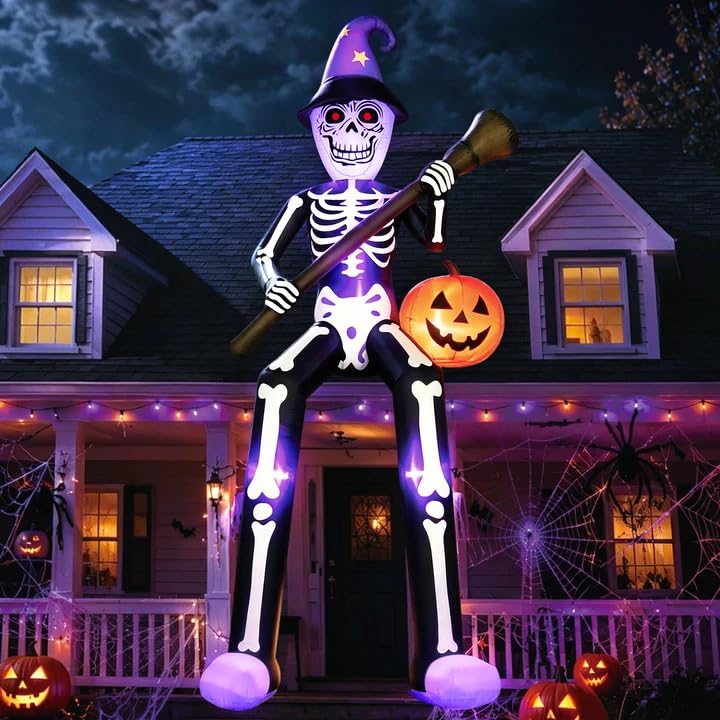 Halloween Inflatable Skeleton Wizard 12 FT with Broom & Pumpkin - Roof Skeleton Variation