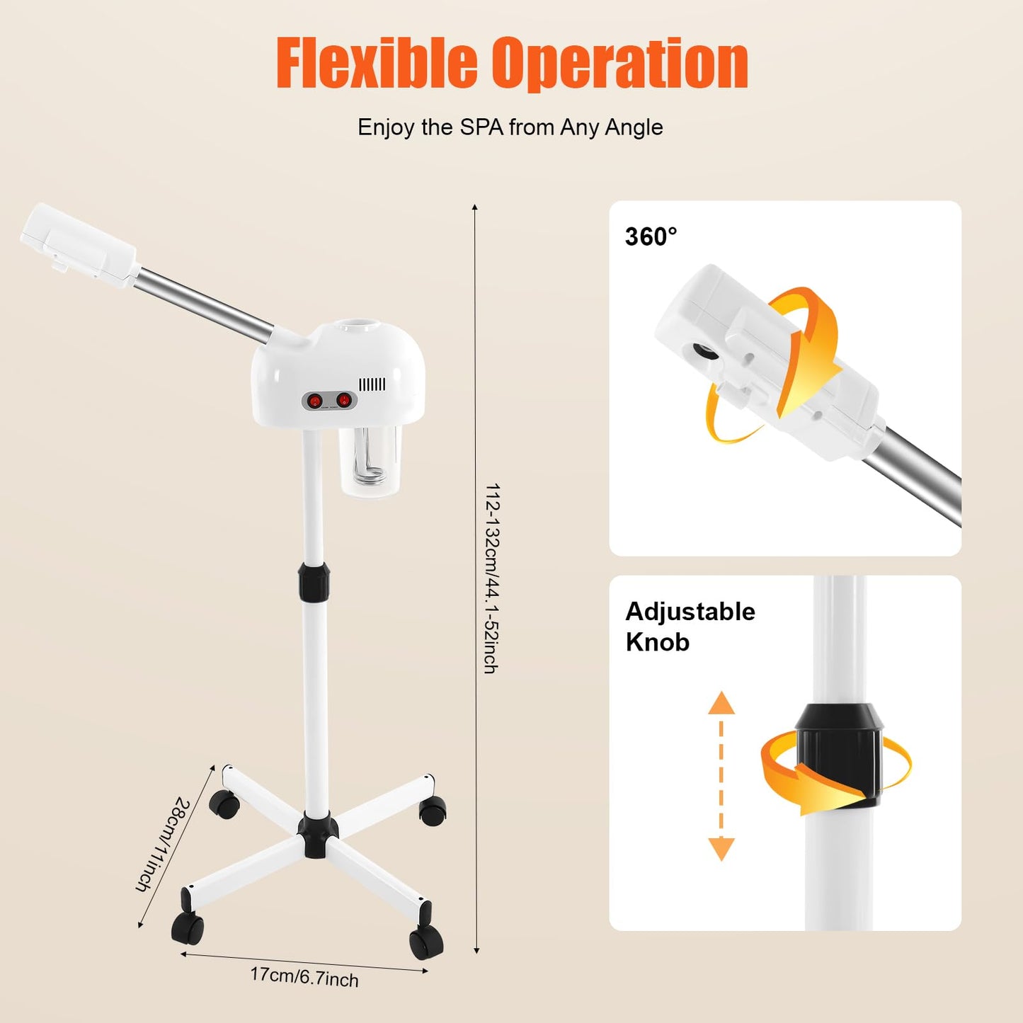 Professional Ozone Facial Steamer on Wheels, Adjustable Height, 360° Rotatable Nozzle, for Home and Salon