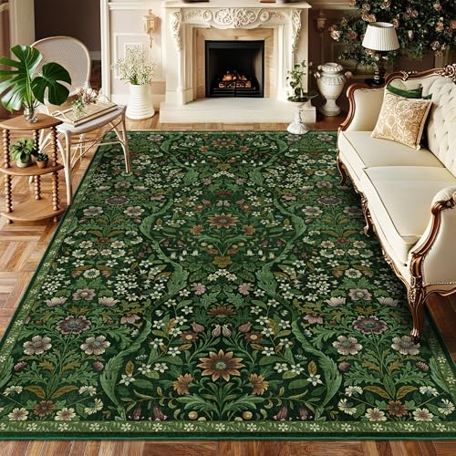 Dark Green Floral Area Rug 6x9 Washable Botanical Carpet for Living Room