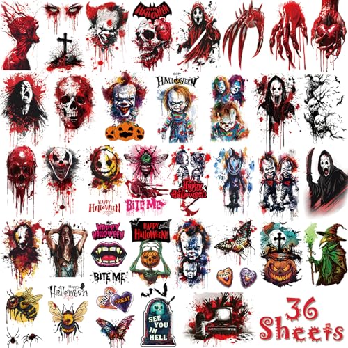 Halloween Temporary Tattoos, 36 Sheets Large Realistic Tattoos for Kids & Adults, Party Decoration Tattoos
