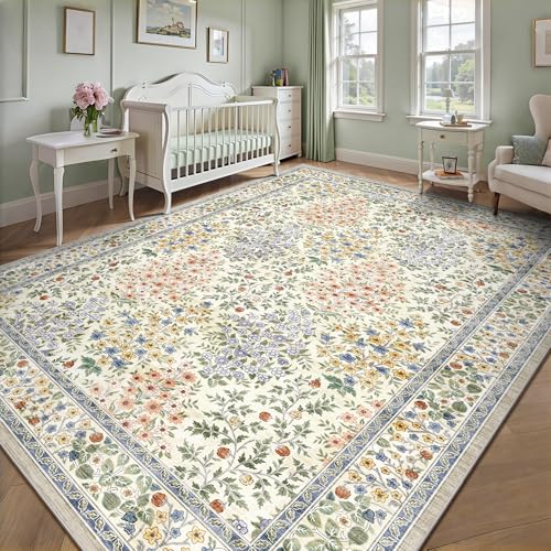 Beige Floral 8x10 Area Rug - Machine Washable Low Pile Boho Rug with Non-Slip Backing