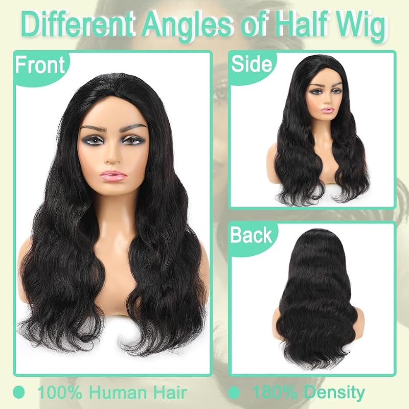 Half Wig Body Wave Human Hair 3-in-1 Seamless Flip-Over Glueless Headband Wig 18 Inch - Black