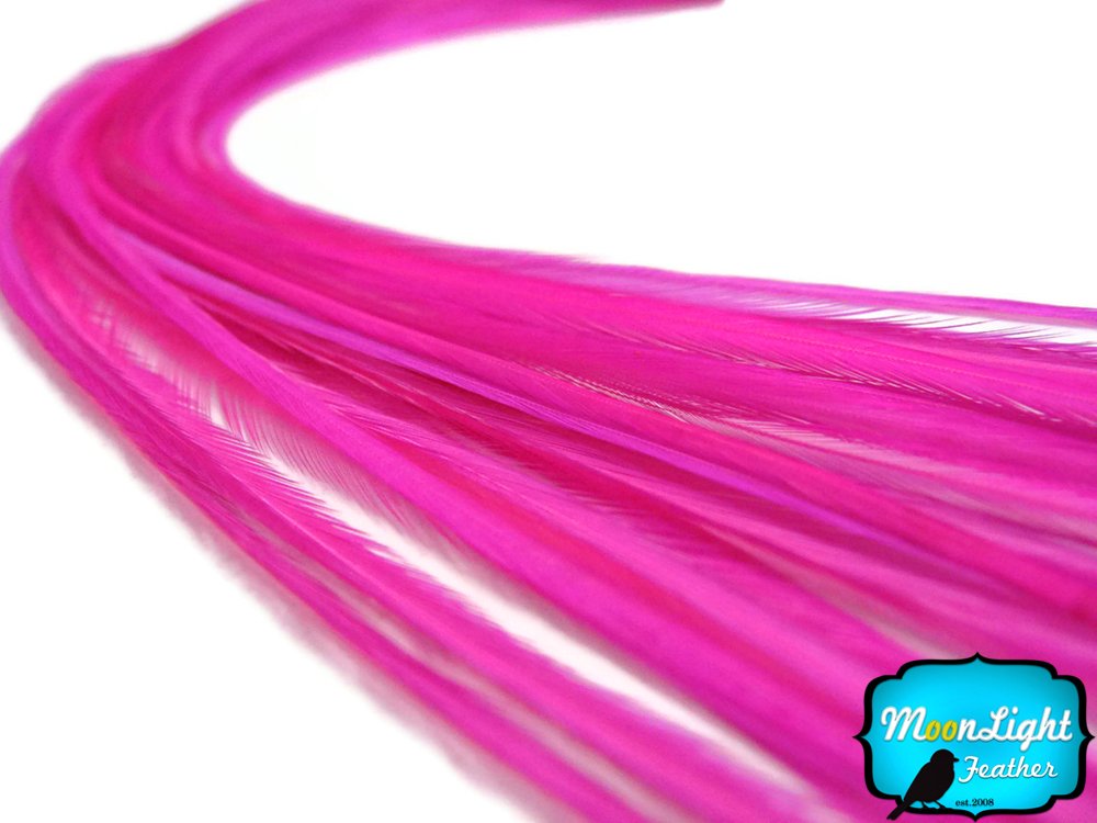 Moonlight Feather, Hair Feathers - Solid Hot Pink Thin Long Rooster Hackle Hair Extension Feathers - 10 Pieces