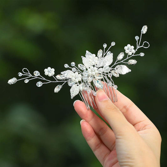 Gorais Leaf Bride Wedding Hair Comb Pearl Bridal Hair Piece Crystal Side Comb Hair Accessories for Women and Girls