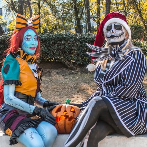 Mysense Skeleton Boy and Ragdoll Girl Makeup Kit for Halloween Jack Cosplay Sally Costume for Adults&Kids with Bald Cap,Pro-Aide Adhesive,Face Paint,Eyeliner,Lipstick&Applicators