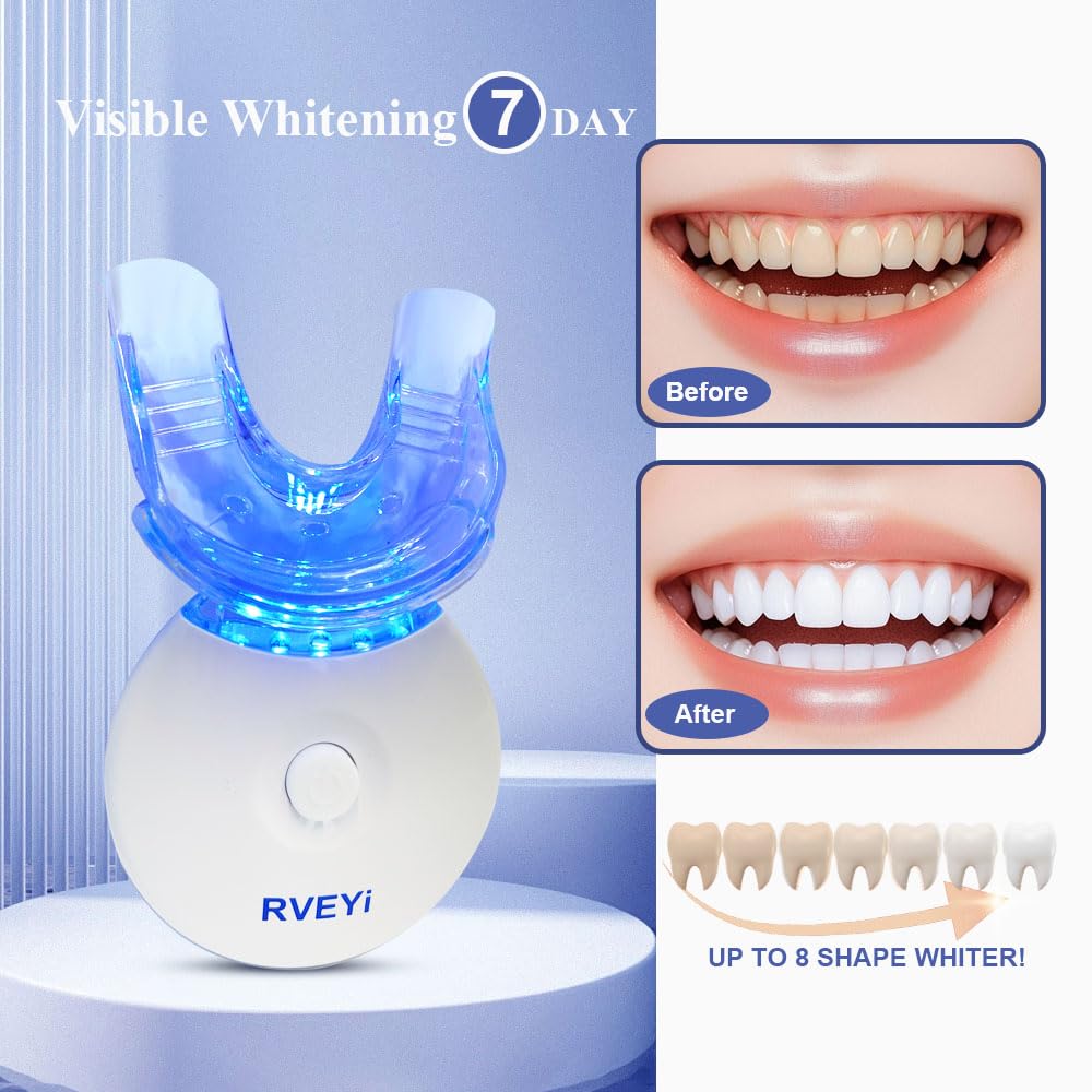 RVEYI Teeth Whitening Kit - LED Light Timer, Pro Professional for Sensitive Teeth 35% Carbamide Peroxide,4 * 3ml Gel Syringes, 1* Remineralization Gel, and Tray