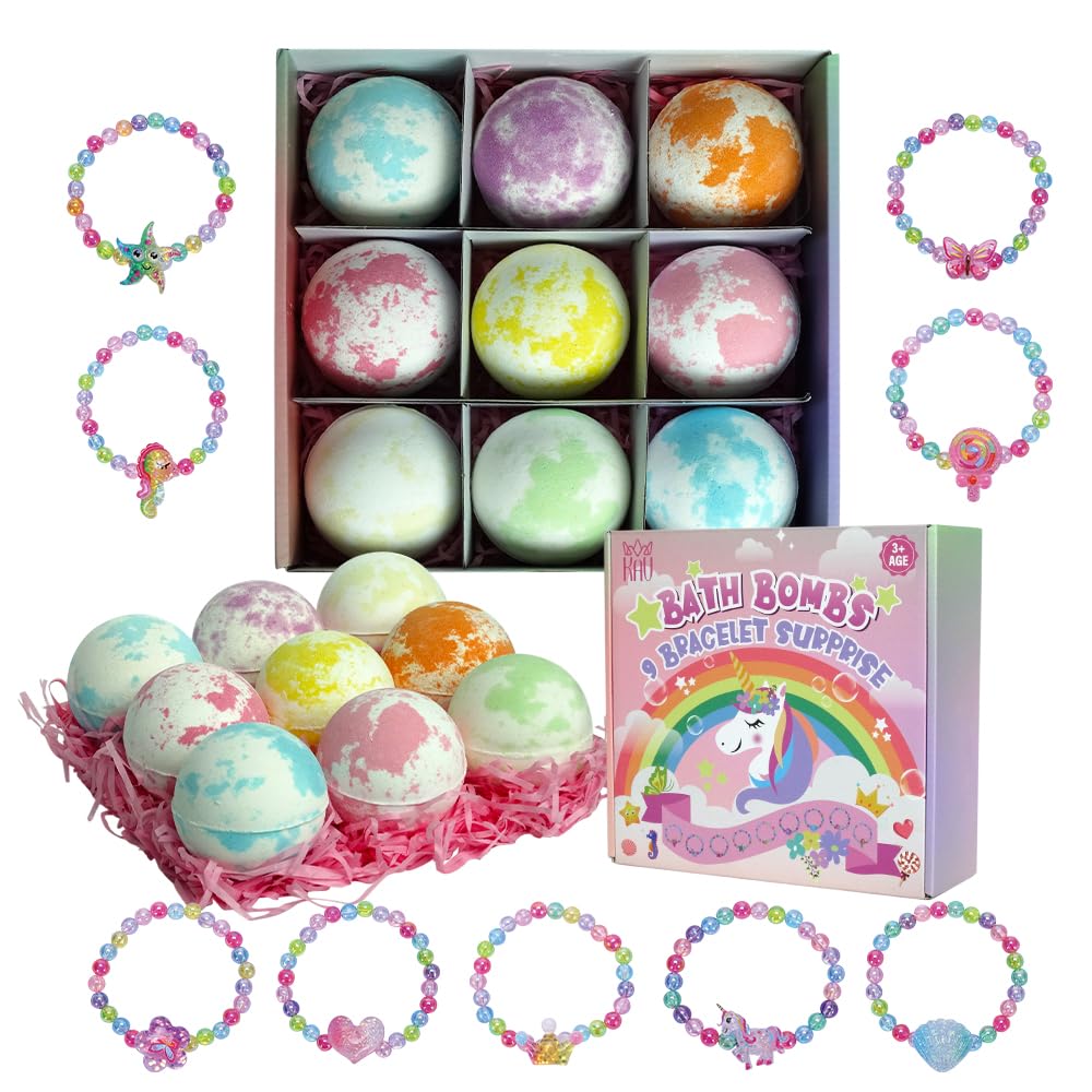 KAV Girls Bath Bombs Set of 9 — Surprise Bracelet Bath Bombs for Kids & Tweens, Fizzy Colorful Bath Fizzies with Collectible Bracelet Inside, Kid-Safe Scents & Moisturizing Oils — Party Favors & Gifts