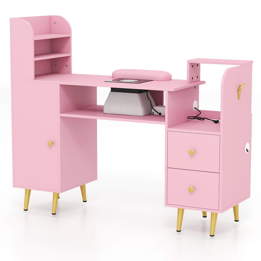 Artist hand Nail Table, Nail Desk, Manicure Table, Nail Station with Dust Collector, Open Shelves, 3 Cabinet, Hanging Clothes Hook, Salon Equipment, AC Outlet and USB Ports, Pink