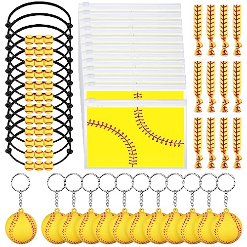 Hicarer 48 Pcs Softball Teams Gifts Softball Party Favors Supply Set Women Cosmetic Bag Keychain Hair Scrunchies Bracelets(Stylish Style)