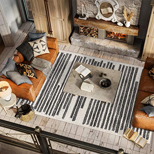 Modern Berber Stripe Area Rug - Cream Black 5'3 x 7'7 - Bohemian, Easy-Clean, Pet-Friendly