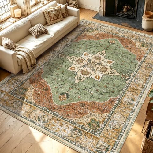 YARNSCAPE 8x10 Sage Green & Terracotta Machine Washable Area Rug - Non-Slip Low-Pile Carpet