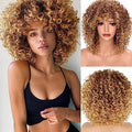 Brown to Blonde Afro Curly Wig for Black Women with Bangs - Synthetic Heat-Resistant Hair, 15 Inch, Adjustable Size