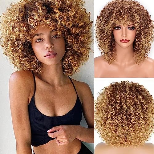 Brown to Blonde Afro Curly Wig for Black Women with Bangs - Synthetic Heat-Resistant Hair, 15 Inch, Adjustable Size