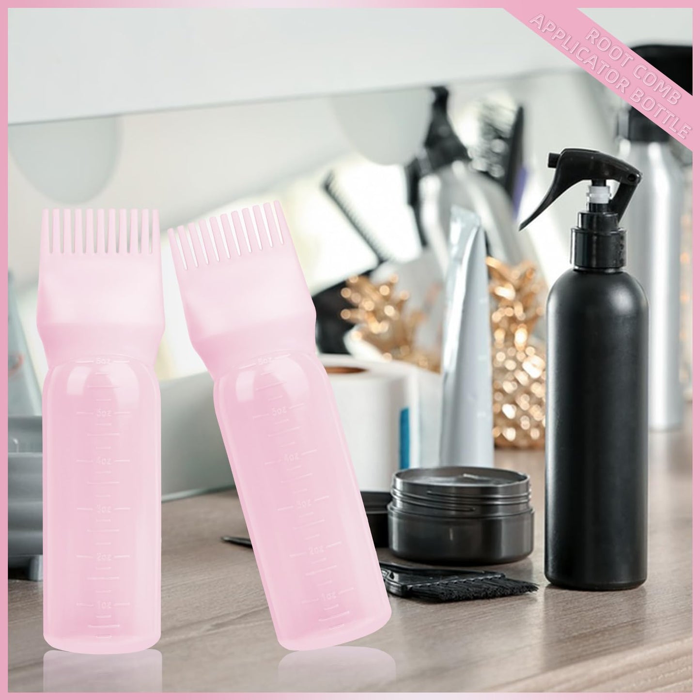 BLAAROOM 2Pack Root Comb Applicator Bottle - 6 Oz Hair Oil Applicator, Dye Bottle Tools with Oil Dispenser & Root Comb Brush - Pink