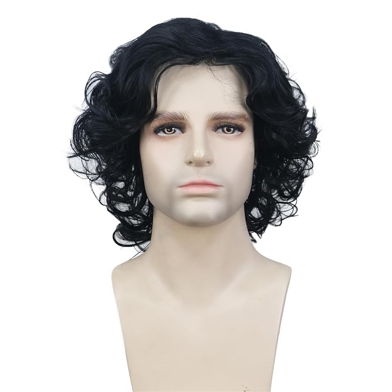 Aimole 12" Long Curly Men Wig - Black with Bangs, Synthetic High Temp Fiber, Cosplay