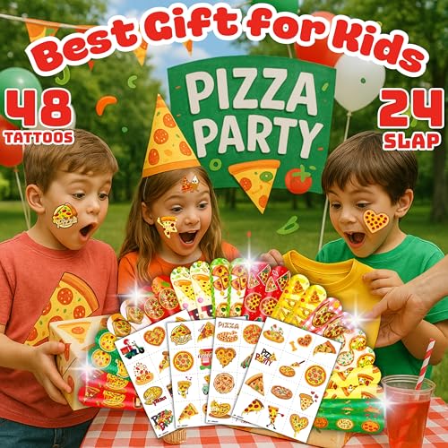 72PCS Pizza Party Set 48PCS Temporary Tattoos 24PCS Slap Bracelets Fun Food Themed Birthday Supplies, Baby Shower Gifts, Classroom Rewards & Party Decor for Kids Boys & Girls
