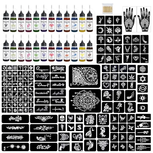 Temporary Tattoo Kit with 24 Ink Bottles & 154 Stencils - 12 Colors, Waterproof & Long-Lasting