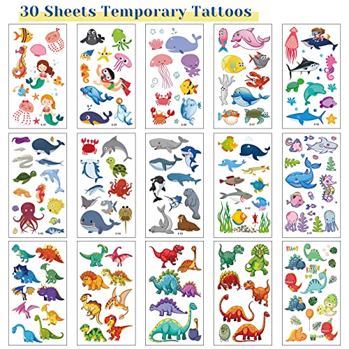 Apeso 30 Sheets Temporary Tattoos Kit, 300Pcs Fake Cute Tattoo Stickers Waterproof, Birthday Party Favor Christmas Stocking Stuffers (Dinosaur £¦ Sea Animal £¦ Vehicle)
